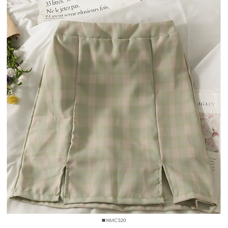 Retro simple versatile Plaid split casual A-line skirt  2645