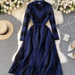 Blue lace long sleeve dress A line dress  1301