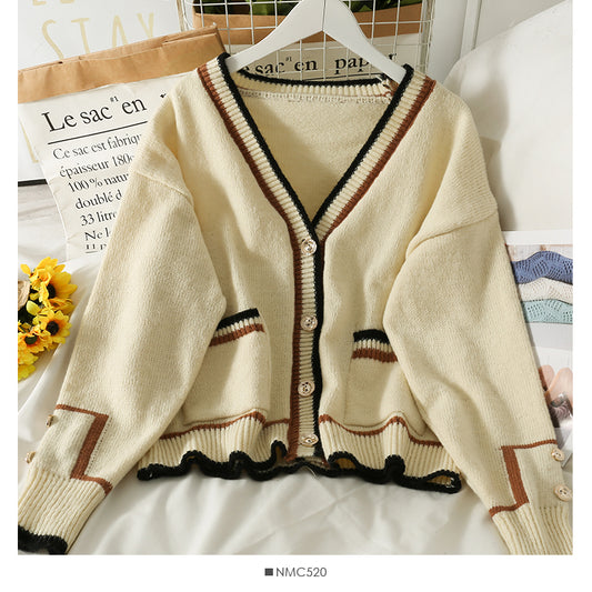 Pullover Damen gestreifte einreihige Strickjacke mit tiefem Ausschnitt über dem Oberteil 1984