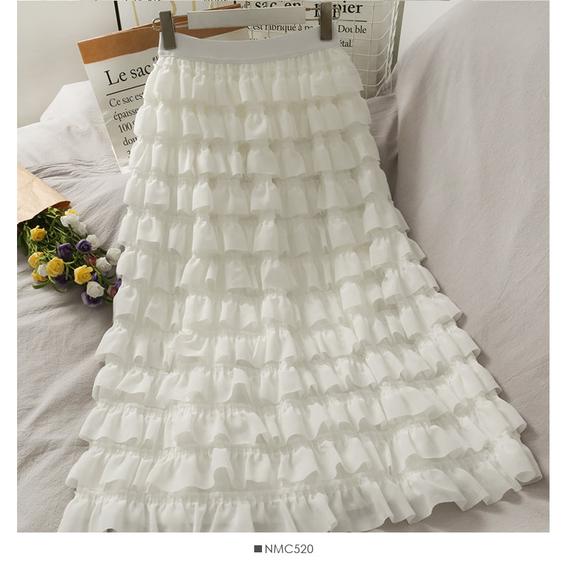 Ruffle edge super fairy medium long high waist cake skirt  2483