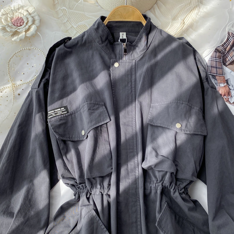 Small windbreaker women's drawstring waist long work clothes casual coat  1684