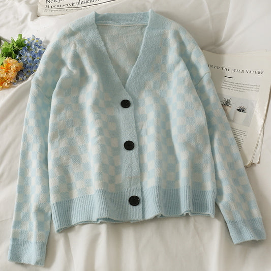 Einreihiger Cardigan mit Karomuster Damenpullover 1789