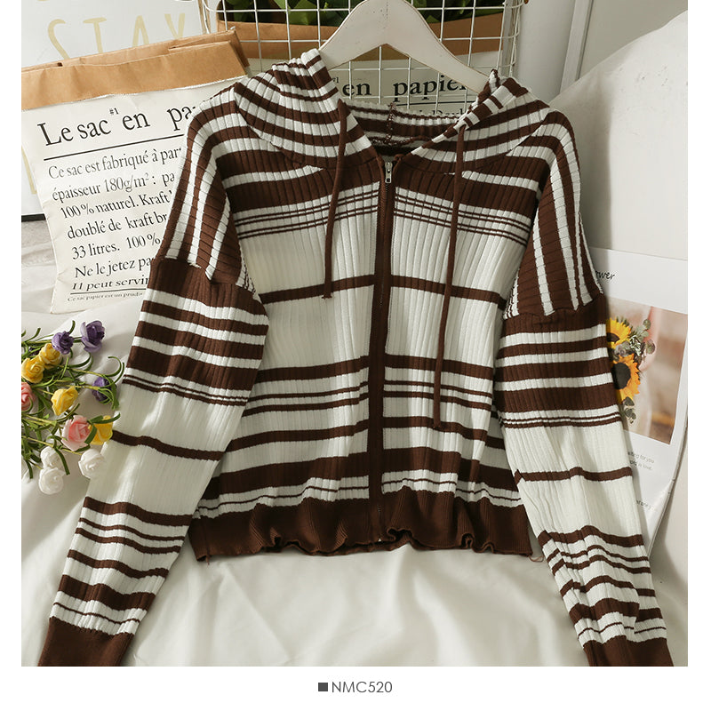 Korean drawstring hooded striped zipper cardigan thin sweater women 2015