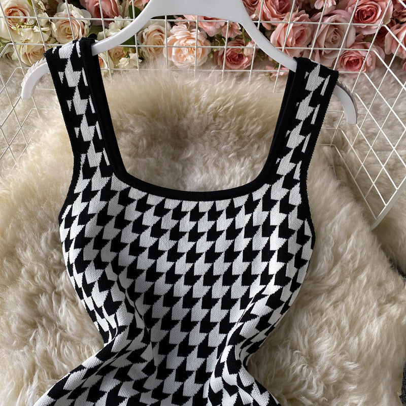 Vintage square neck thousand bird check black and white contrast dress  2793