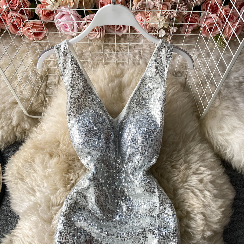 Temperament slim Sequin dress at waist  2828