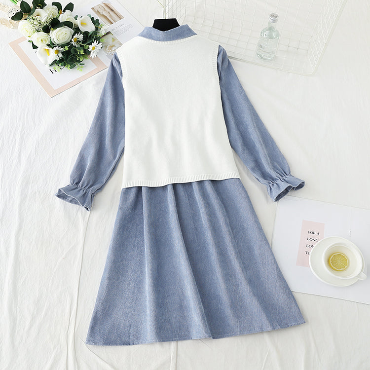 Knitted vest corduroy dress sweet college style fashion suit skirt two-piece set  2307