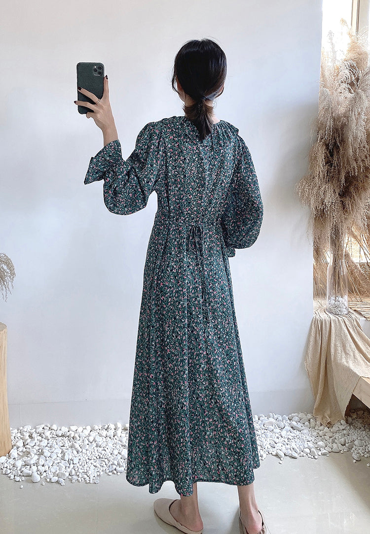 V-neck waist with thin Ruffle sleeve floral long skirt  2259
