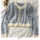 Korean retro color block check short loose knit women's shirt  1815