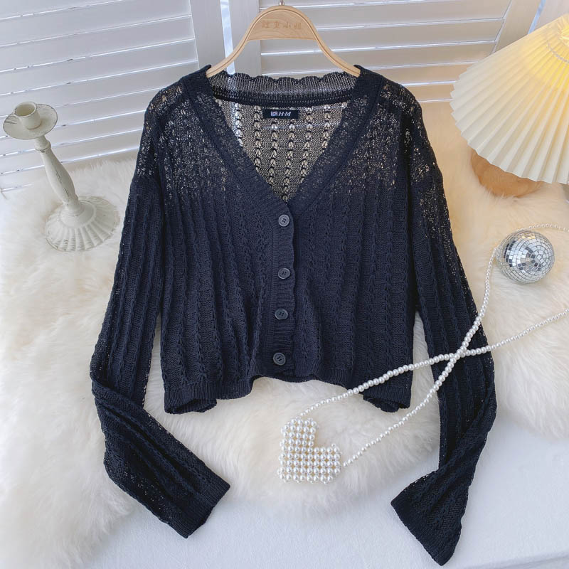 Knitted cardigan thin hook flower hollow out long sleeve  1583