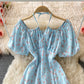 Slim waist with broken flower hanging neck square neck dress  3216