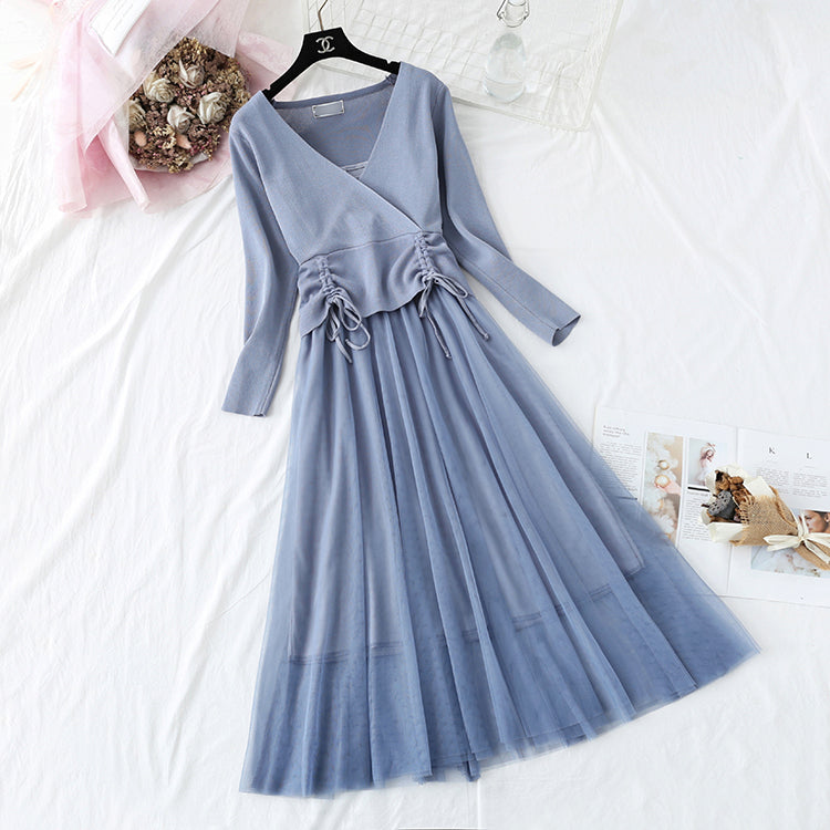 Women's suit skirt fashion knitted sweater + suspender mesh dress  2174
