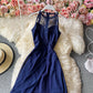 Sexy round neck hanging neck off shoulder slim Chiffon split skirt  3147