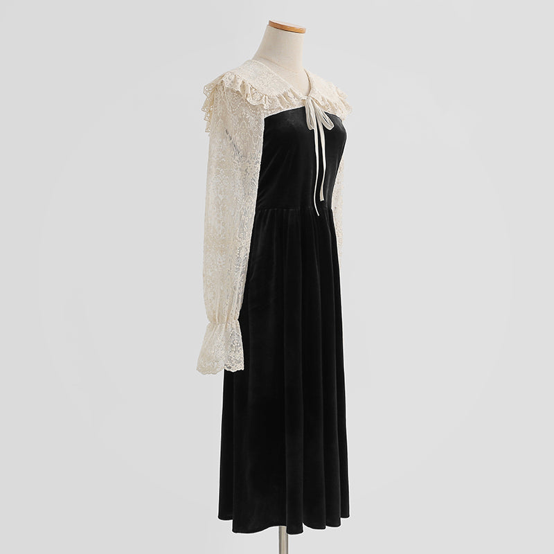 Fake two piece lace skirt stitching velvet dress method  2282