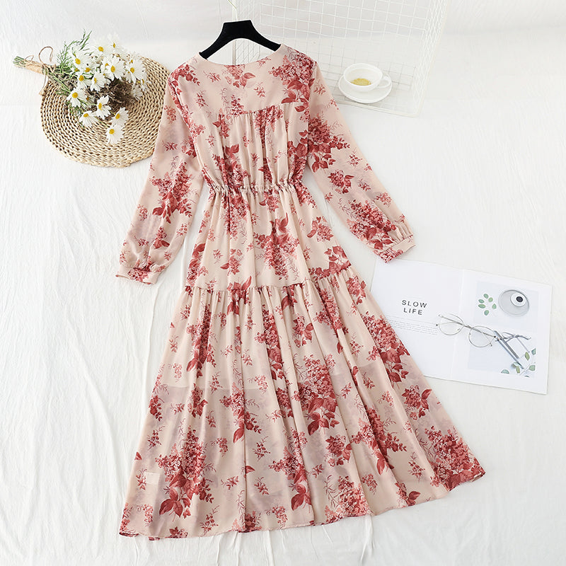 New French retro loose early autumn Chiffon large flower skirt long  2170