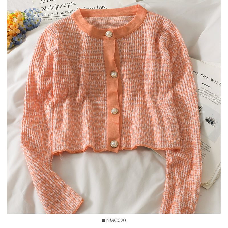 Korean Vintage round neck pearl single breasted plaid sweater  2030