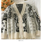 Vintage printed single breasted cardigan loose sweater women's new V-Neck long sleeve versatile sweater fashion  2031