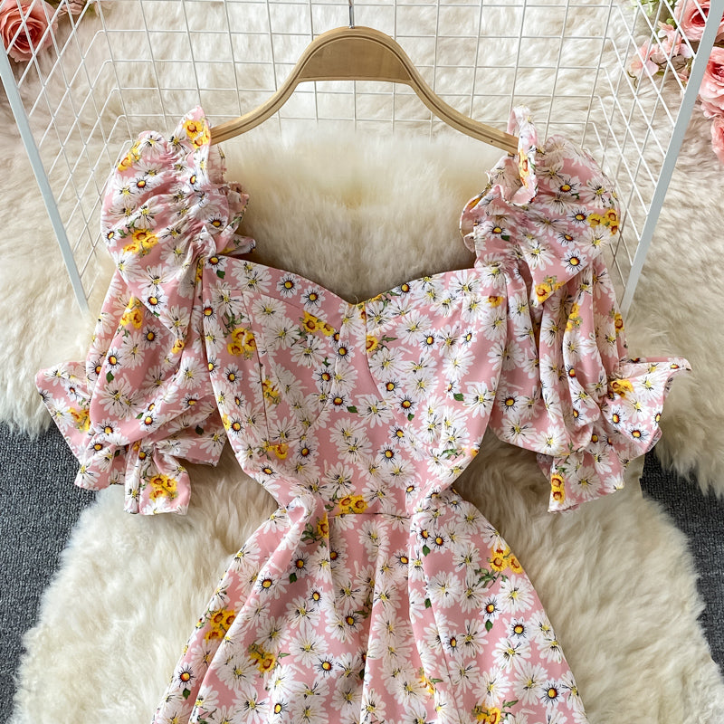 Narrow waist, thin bubble sleeve, first love, gentle wind, long skirt  3344