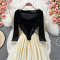 Vintage Hepburn mesh stitched square neck velvet dress  3007