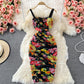 Suspender dress elastic slim mesh printed strapless and buttocks  2821