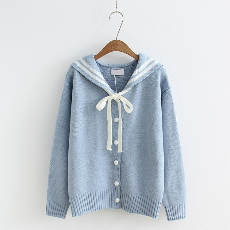 Langarmpullover mit marineblauem Kragen, Strickjacke mit Schleife für Studenten 1414