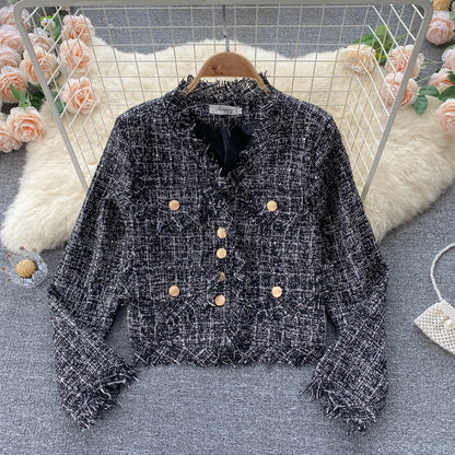 Vintage small fragrance tweed coat V-neck coat  1556