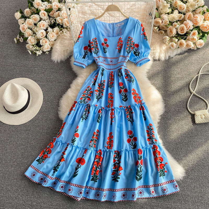 Korean foam sleeve knee length aging square neck dress  3325