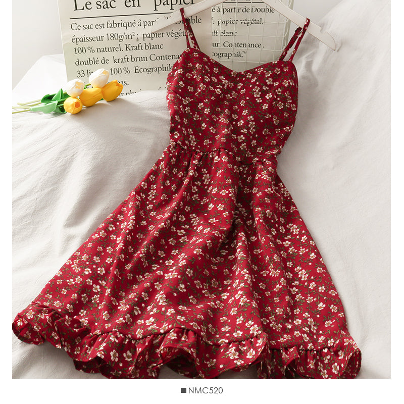 Jupe à bretelles taille haute à motif floral rétro de style Hong Kong 2678