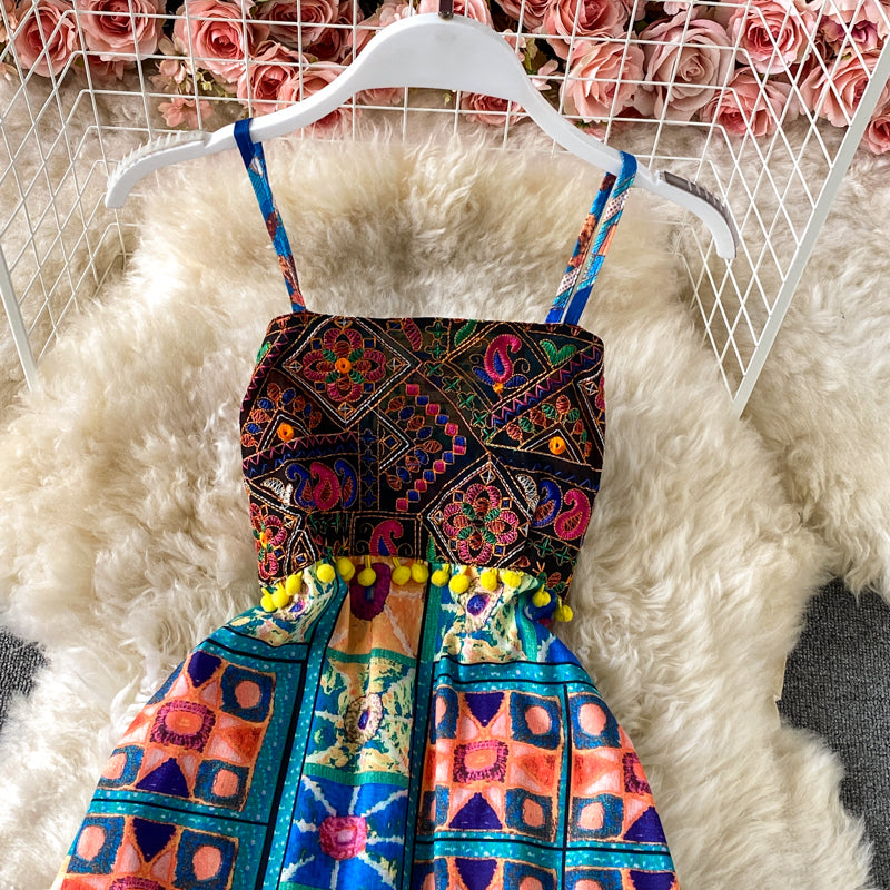 Printed ethnic embroidery suspender dress  3439