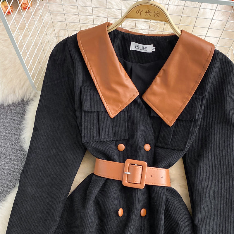 Lapel corduroy waist dress Hepburn  3115
