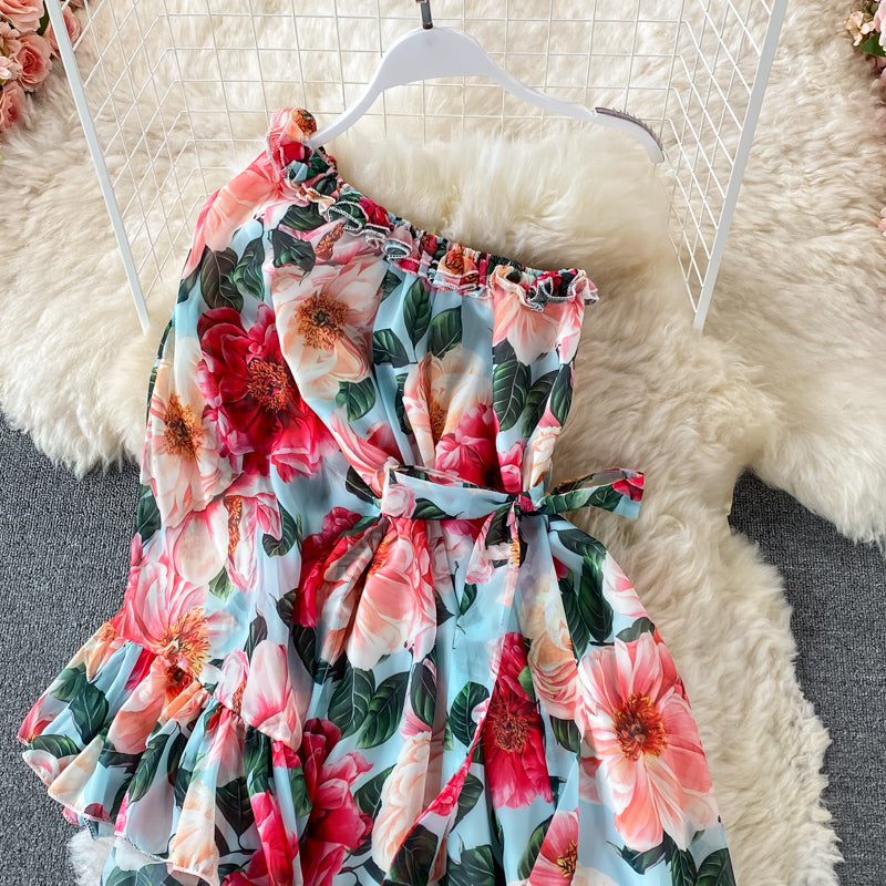 Bedrucktes Kleid 3195 mit schrägem Ausschnitt, einseitig schulterfrei, zum Schnüren