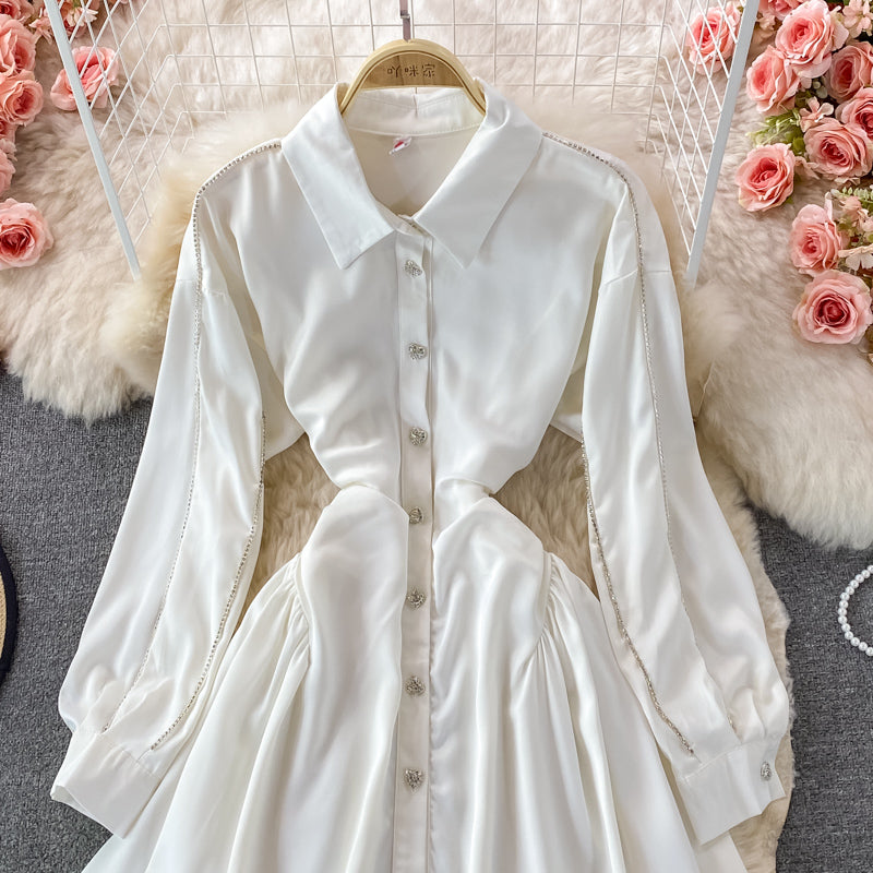 Slim long sleeve A-line shirt skirt waist puffy dress  3356