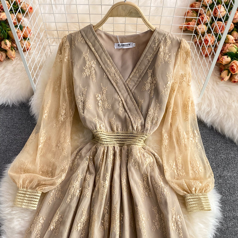 Lace mesh embroidery V-neck dress  2989