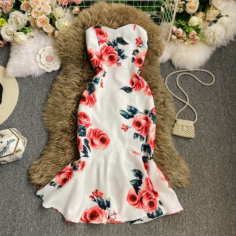 Sexy Strapless slim print medium length ruffled fishtail dress  3031