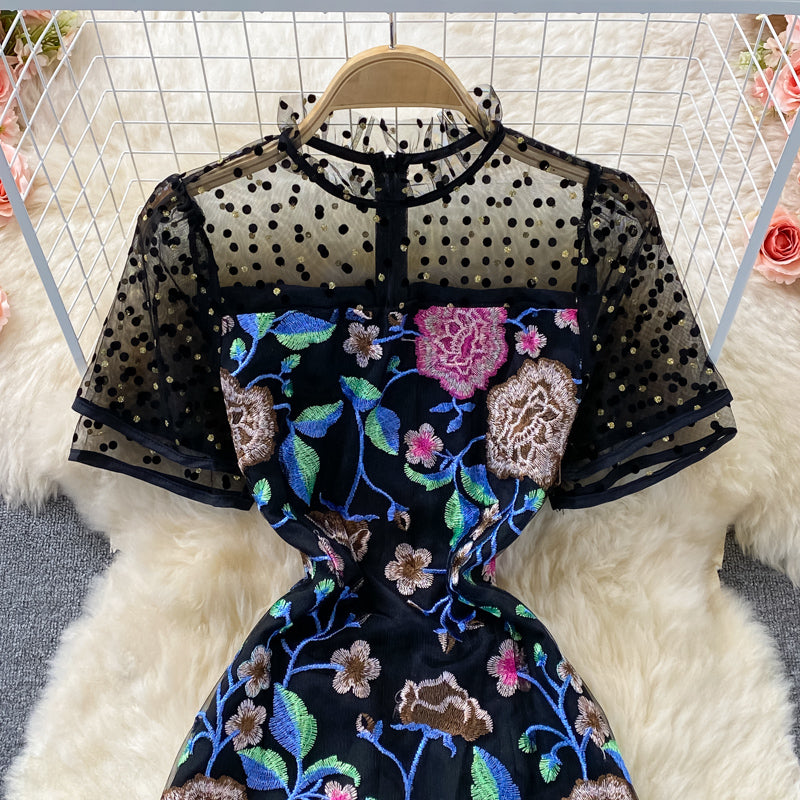 Mesh stitching heavy industry embroidery Hip Wrap Dress  3072