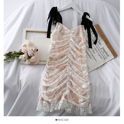 French lace stitched double layer backless suspender dress for women  2696