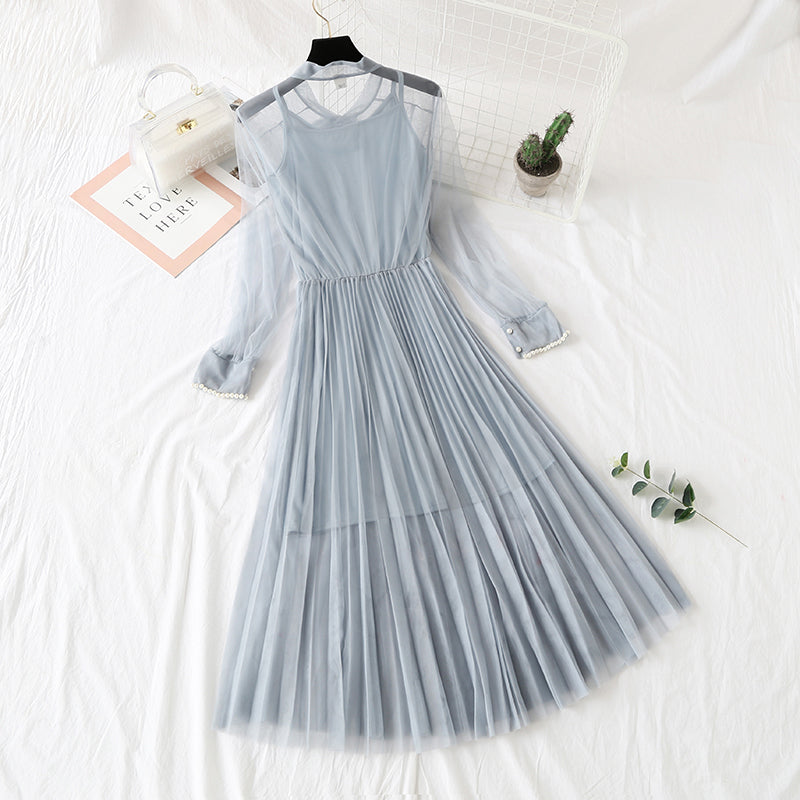 Dress feather nail bead long sleeve suspender bottomed skirt French girl long skirt  2286