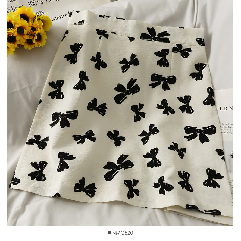 Hong Kong style retro bow printed high waist anti light A-line skirt  2621