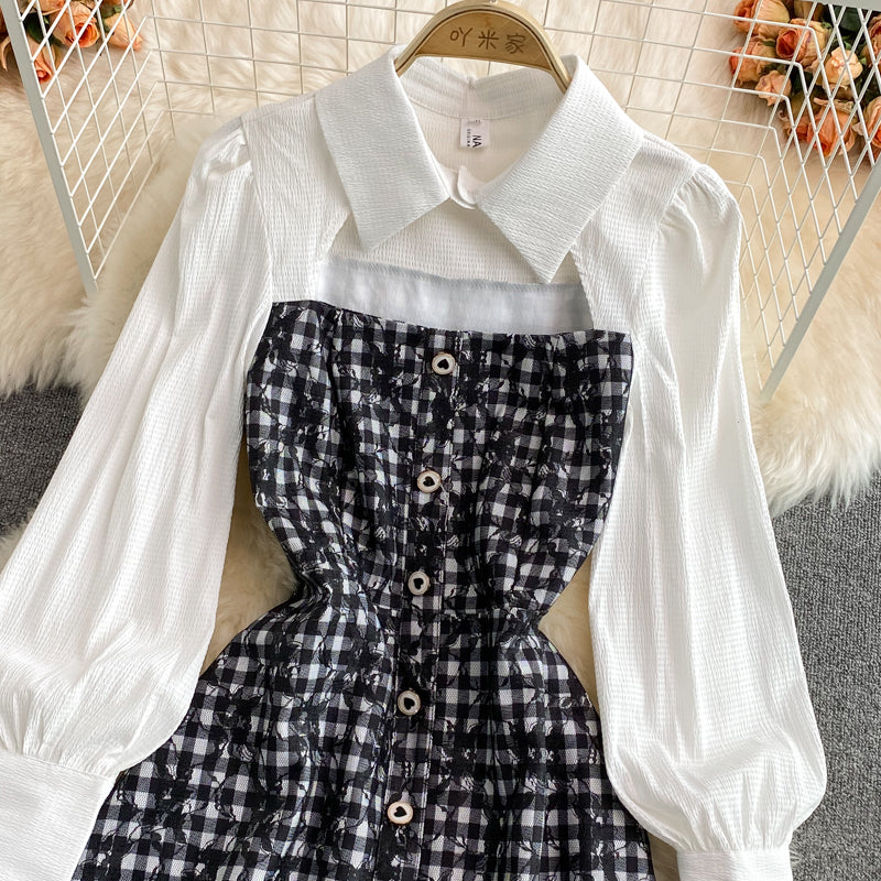 New design shirt collar patchwork chest cutout dress  3119