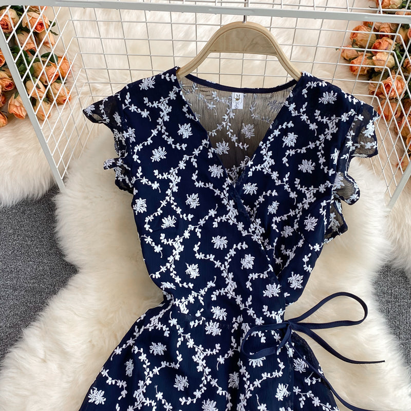 V-neck lace embroidered floral one piece dress  3217