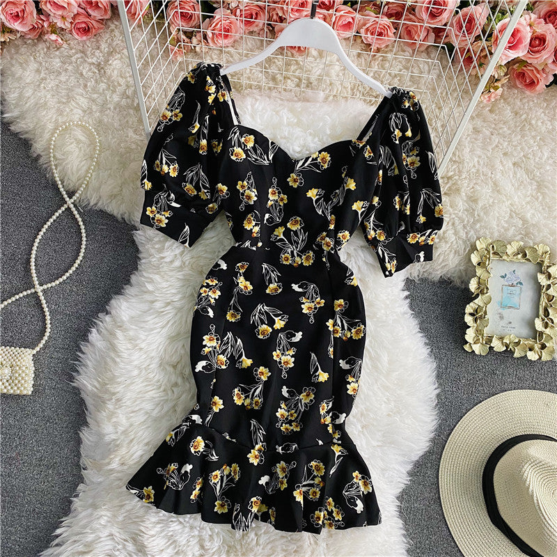 Floral backless square neck bubble sleeve Hip Wrap fishtail dress  2955