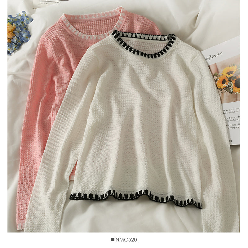 Slim and slim round neck sweater top women's new color matching bottom shirt  2040