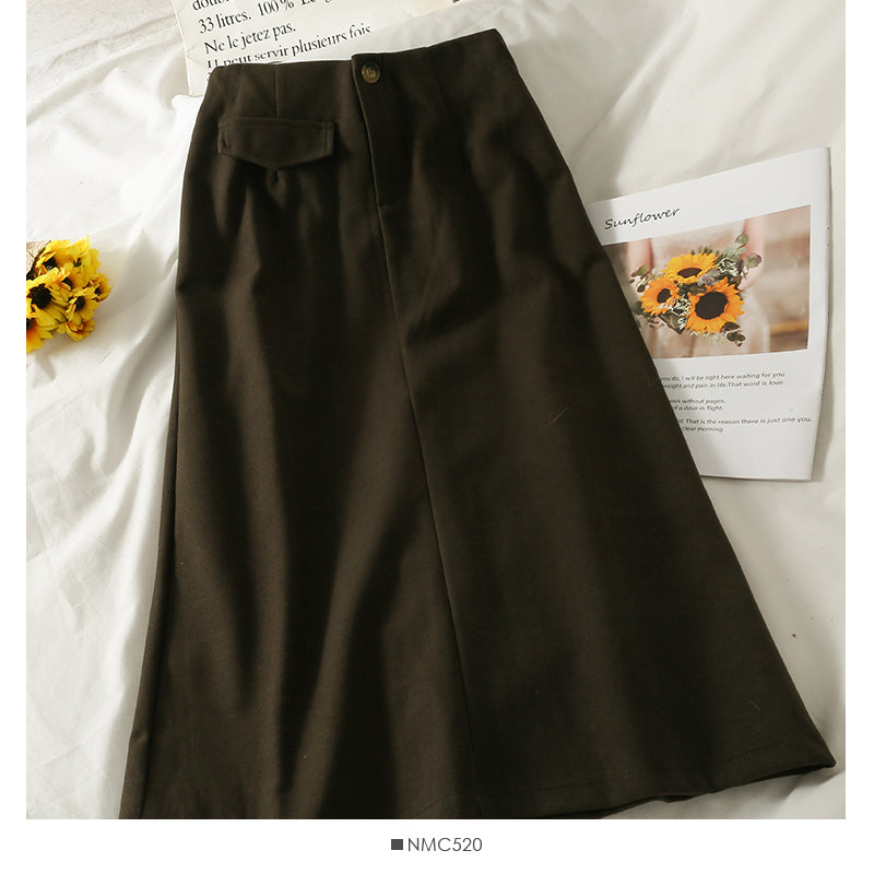 Retro High waist and thin one grain button wool skirt  2570