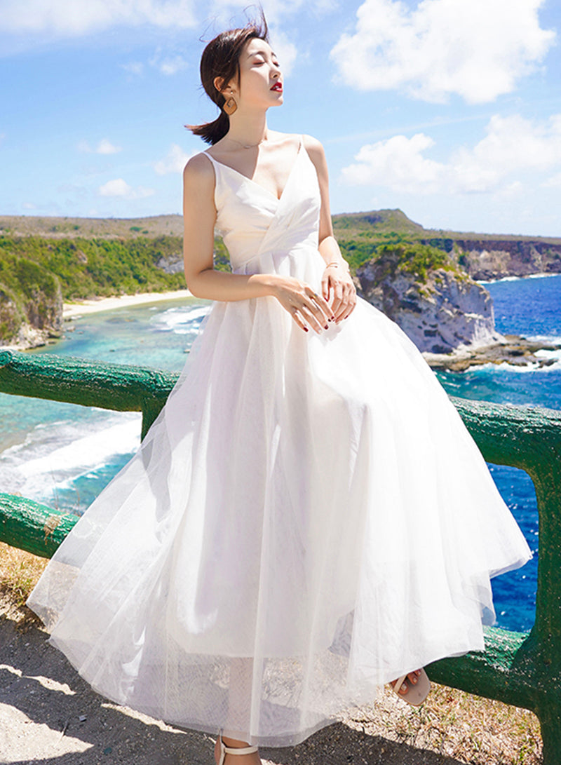 White A line tulle dress summer dress  1337