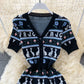Cartoon rabbit letter jacquard V-neck slim dress  3196