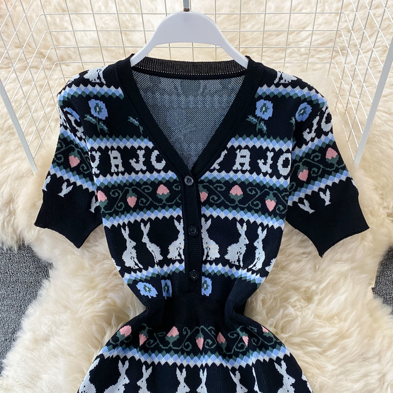 Cartoon rabbit letter jacquard V-neck slim dress  3196