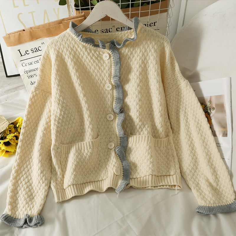 Farblich passender einreihiger Cardigan im Retro-Stil im Hongkong-Stil mit Agaric-Rand 1707