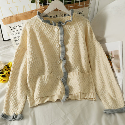 Farblich passender einreihiger Cardigan im Retro-Stil im Hongkong-Stil mit Agaric-Rand 1707