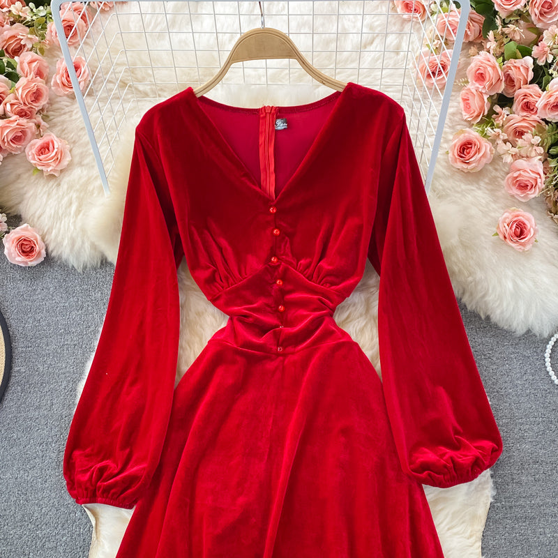 Temperamentvolles, schmales Samtkleid mit V-Ausschnitt und hoher Taille 3089
