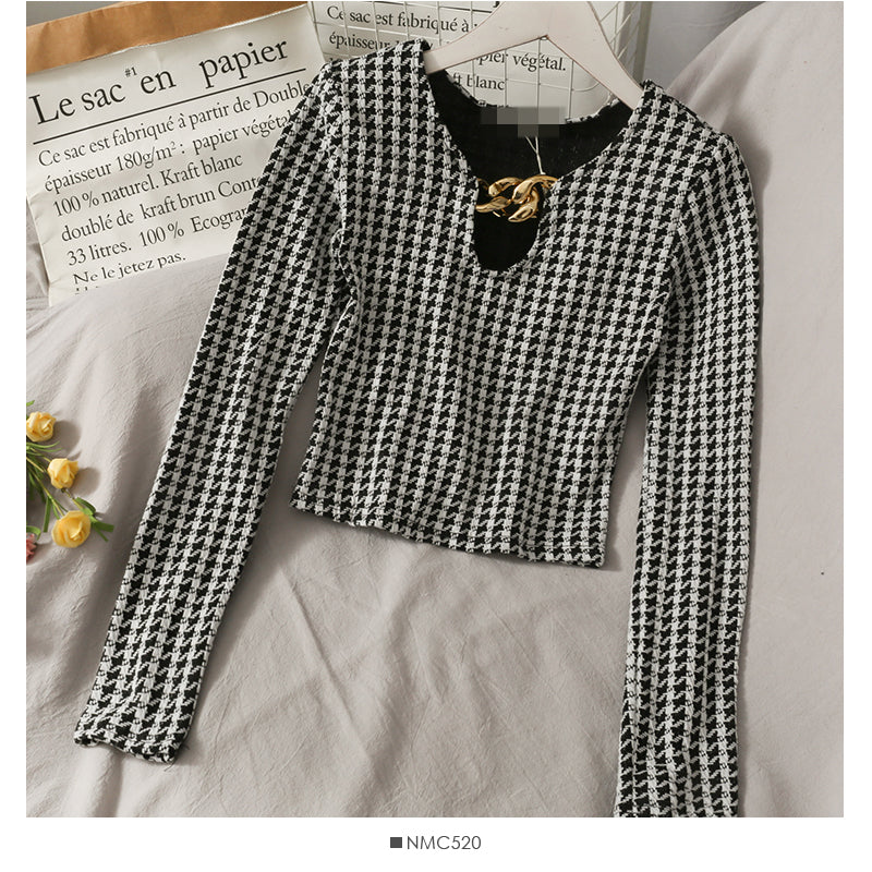 French minority thousand bird lattice short slim and thin blouse for women  2054
