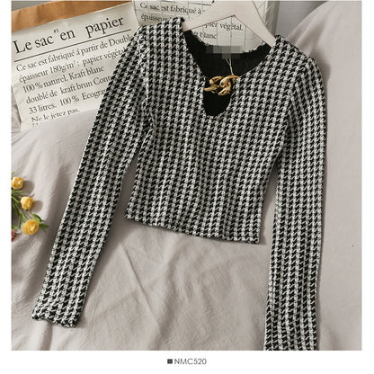 French minority thousand bird lattice short slim and thin blouse for women  2054